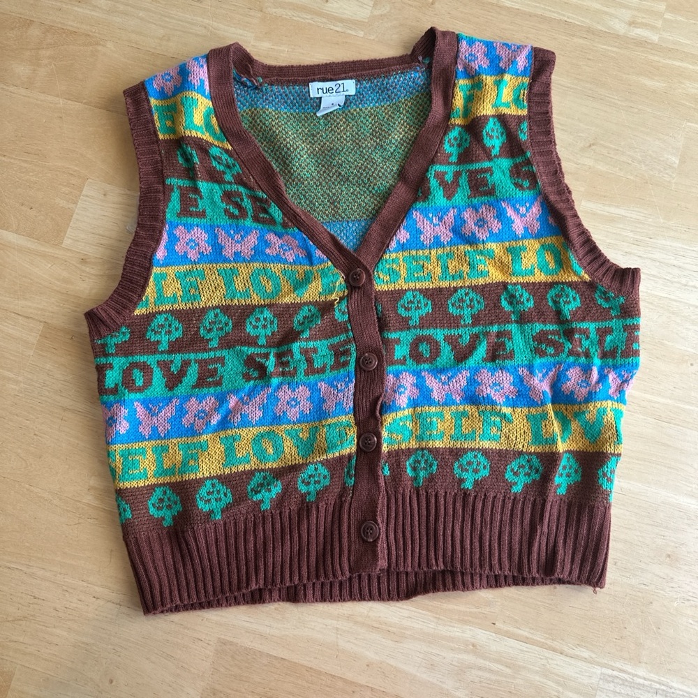 Rue21 Colorful Knit Vest with Love Self Design Small